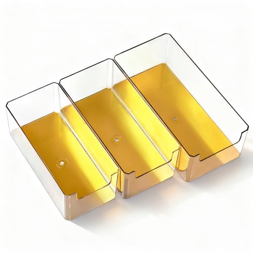 HOME BREEZE 3pcs Plastic Drawer Organizer, 3 Sizes Desk Drawer Divider Organizers and Containers for Makeup, Jewerly, Kitchen drawer organizers, Bedroom, Bathroom, Office supply for storage (Gold)