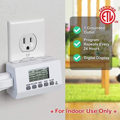 Clear Power Indoor Timer (Dual Pack) 1 Grounded Outlet Ez Digital Timer For Lamps, Fans, Grow Lights, White, Random/Vacation Mode Included, 2-Pack, Dcit-0011-Dc #TOP4
