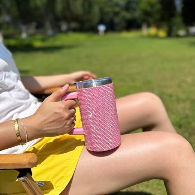 20oz Bling Tumbler With Handle Stainless Steel Rhinestone Insulated Cup with Lid and Straw Double Wall Vacuum Coffee Cup Reusable Glitter Travel Coffee Mug for Cold and Hot (Pale Pink)