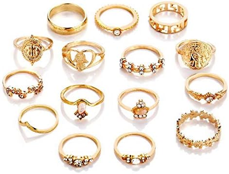 Dusenly 15pcs Women's Retro Portrait Gold Coin Cross Ring Knuckle Ring Set Bohemian Stacking Rings for Women Girls