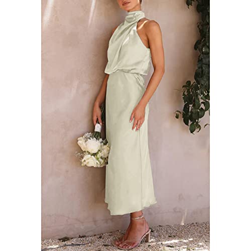 Bydezcon Women Satin Cocktail Date Night Dresses Long Satin Dress Mock Neck Wedding Guest Party Formal Prom Dress Light Green #TOP2