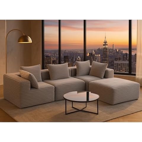 YFANLYNXCI Premium Modular Boneless Sofa Couch,111" Corduroy Sectional for Living Room, Compressed Convertible Lounge Sofa Bed, 4-Seat Modern No Assembly Couch, Vacuum-Pack Shipping (Grey,111.02") Cover