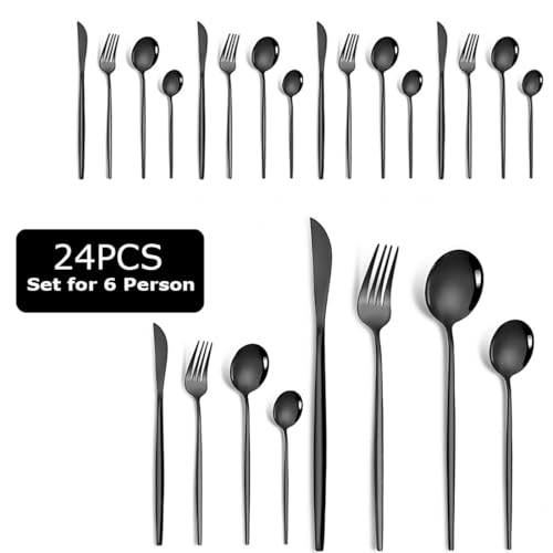 Image of Stainless Steel Black Cutlery Set for 6 Person with Gift Box 24 Pieces Mirror Finish Luxury Premium Flatware Set for Dining Table Hotel Cafe Bar Restaurant House Warming Gifts