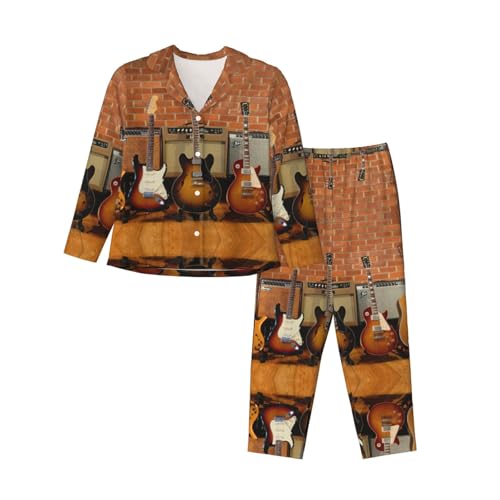Pyjama imprimé guitare pour femme rompre la routine nocturne avec un ensemble boutonné doux