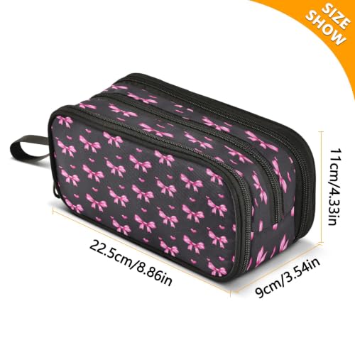 Image of Pink Bow Pencil Case 3 Compartment Pen Bag Large Pouch Holder Box School Portable Stationery Storage Bag for Teen Girls Boys