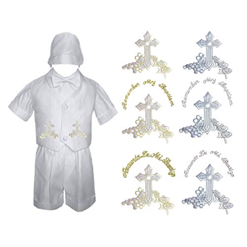 MILLTEX 4 PC Baby Boys Christening Baptism Communion Shorts Set Gold or Sliver Embroidery Thick Cross Grapes SM-4T (Sm (0-6 Months Old), Gold Bold Cross - Spanish)