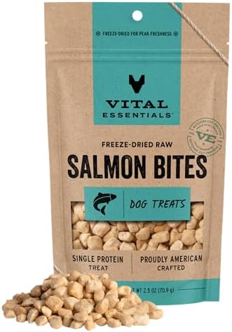 Vital Essentials Freeze Dried Dog Treats | Salmon Bites, Single Protein | Premium Quality | Grain Free Training Treats for Dogs, 2.5 oz Bag