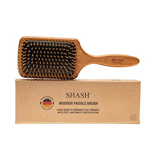 SHASH Paddle Bürste aus Holz - entwirrt sanft, stylt und pflegt das Haar - minimiert krauses Haar und Haarbruch - sicher für alle Haartypen, nass oder trocken - Holz aus ökologischem Anbau Cover