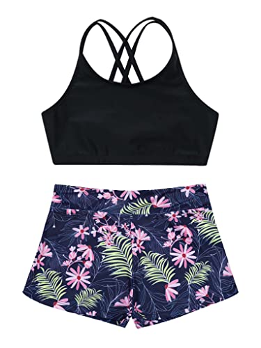 Ttao Kids Girls Crisscross Back Swimsuit Two Piece Tankini Sleeveless Crop Top With Shorts Navy Blue 14 Years #TOP2
