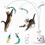 Interactive Cat Toys for Indoor Cats: Upgraded 360° Automatic Spin Flying Bird Feather Wand with Silicone Protected Rod Safe Play, Strong 8cm Suction Cup, USB-Rechargeable for Bored Kittens and Adult