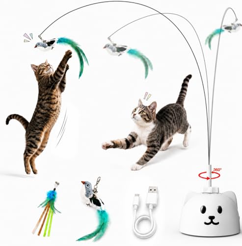 Interactive Cat Toys for Indoor Cats: Upgraded 360° Automatic Spin Flying Bird Feather Wand with Silicone Protected Rod Safe Play, Strong 8cm Suction Cup, USB-Rechargeable for Bored Kittens and Adult