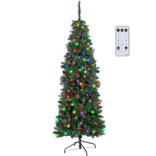 NALONE 5FT Pre-Lit Christmas Tree with Remote Control and Timer, Artificial Pencil Christmas Tree with 379 Tips, Pinecones Red Berries, 180 Lights, 9 Lighting Modes