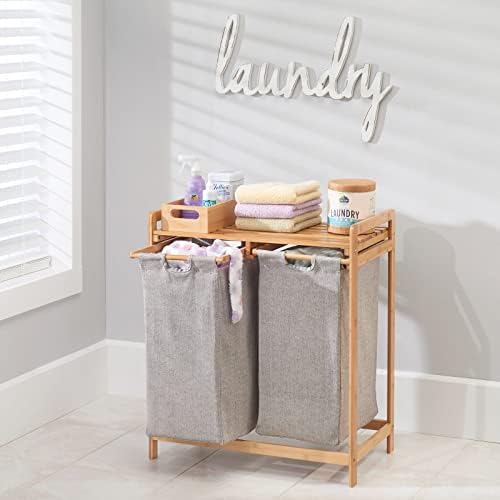mDesign Washing Basket Unit  Laundry Hamper with Duel Pull-Out Bags  Unit with Storage Shelf Space for Washing and Bathroom Accessories  Natural Bamboo