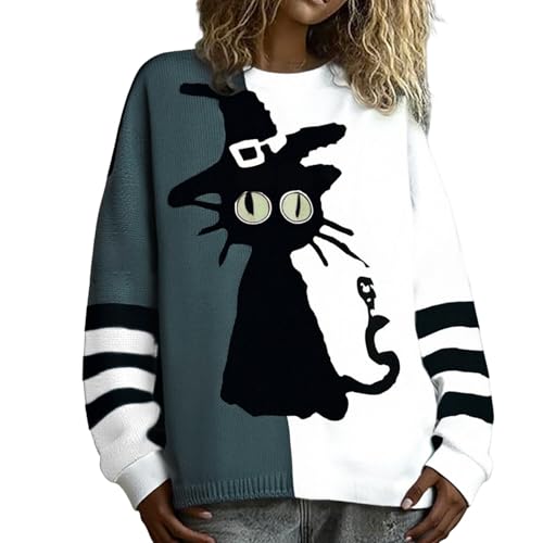 Suéter de Halloween para mujer, diseño de cara de calabaza espeluznante, suéter de punto con costuras de contraste, sudaderas de punto con caras de calabaza, acogedoras, disfraces de vacaciones para
