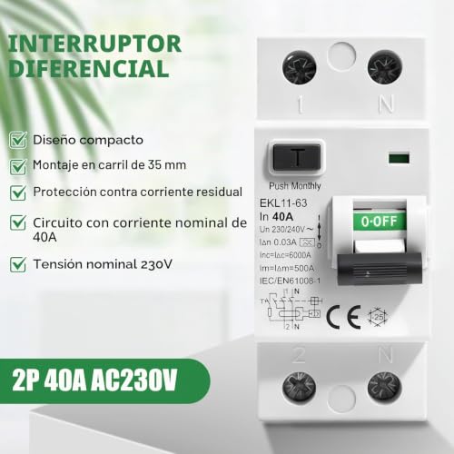 Miniatura 3 de Disyuntor Magnetotermico 40a 30ma Tipoa Interruptor Diferencial Superinmunizado 2p Rccb Disyuntor Diferencial Ac230v Interruptor De Corriente Residual Protección Contra Fugas Eléctricas Ekl11-63