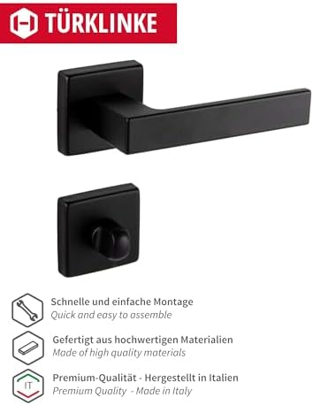 Gedotec Klamka aluminiowa klamka do drzwi, czarna klamka do drzwi pokojowych, prostokątna rozeta do drzwi wewnętrznych, WC łazienka, para klamek, kolor czarny matowy, Push 1317, 1 zestaw drzwi wraz z