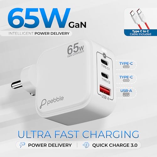 Image of Pebble PWC121 65W GaN Ultra Fast Charger | 3-Port Compact Adapter (2 Type-C + 1 USB) | Smart Power Delivery | Excessive Power & High Voltage Protection | Lightweight Travel-Friendly with Cable