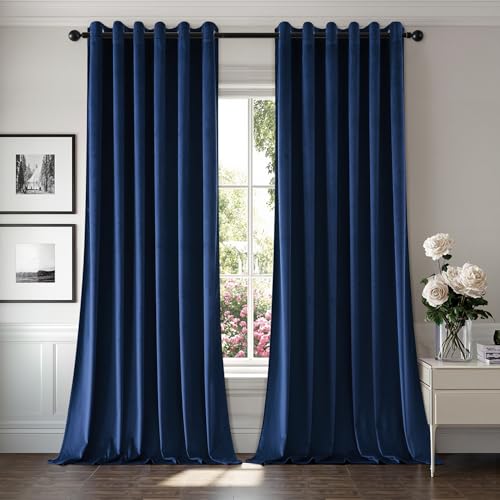 MIULEE Thick Velvet Curtains for Bedroom 2 Panel Set, Elegant Home Decor Room Darkening Velvet Curtains for Living Room, Navy Blue Eyelet Curtain 88 Drop, Each Panel 90 x 90 Inches