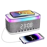 Suewidfay Bedside Radio Alarm Clock, Alarm Clock with 15W Wireless Charging, Bluetooth Speaker, Fast Qi Wireless Charger, 13 LED Lighting Effects, FM Radio