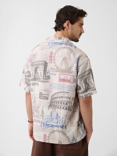 Image of The Souled Store Hawaiian Shirt: Monuments Men and Boys Short Sleeves Collared Neck Button Front Grey All Over Printed Polyester Blend Oversized Fit Holiday Shirts