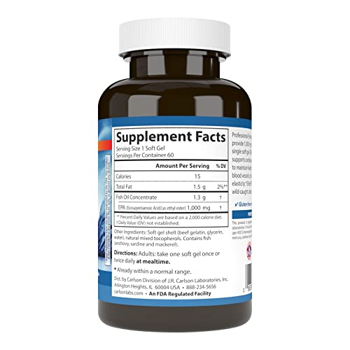 Carlson - Elite Epa Gems, 1000 Mg Epa Fish Oil, Wild-Caught, Norwegian Fish Oil Supplement, Sustainably Sourced, Helps Maintain Healthy Triglyceride Levels, 60 Softgels #TOP1