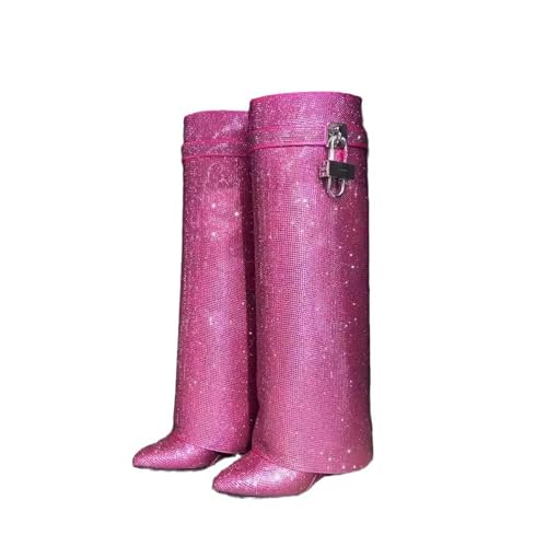 Stivali Alti da Donna in Strass Scintillanti - Stivali a Punta con Tacco a Cuneo Fino al Polpaccio per concerti, Festival, Matrimoni,Rosa,43 EU