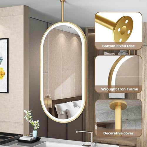 Dwustronne podświetlane lustro sufitowe obracane o 360°, regulowane w 3 kolorach, idealne do hoteli i sypialni, nowoczesne pływające lusterko do makijażu (białe, 60 x 100 cm)