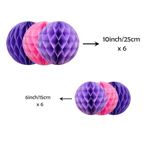 Image of ZOOYOO 12Pcs 6 inch 10 inch Honeycomb Balls Decorations Hanging Tissue Paper Pom Poms for Birthday Wedding Engagement Girls Party Baby Shower Decorations(Purple Pink)