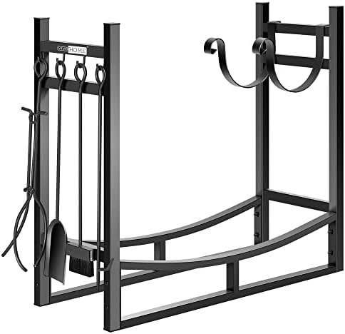 VIVOHOME 33 Inch Heavy Duty Firewood Wood Storage with Fireplace Tool Set Kindling Holder Log Rack with Kindling Holder Shovel Poker Tongs Brush Indoor Outdoor Black