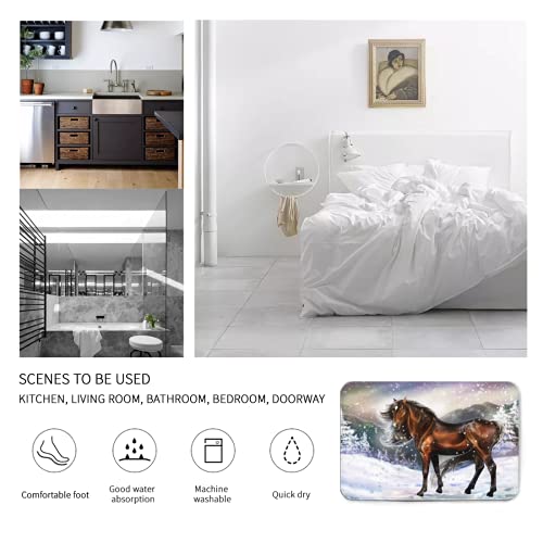 Flannel Rug 50X80Cmhandsome Horse Winter Theme Farm Animal Snowy Mountain Snowflakes Winter Scenery Soft Flannel Microfiber Bathroom Carpet Non-Slip Floor Mat Bathtub Accessories Ljn #TOP3