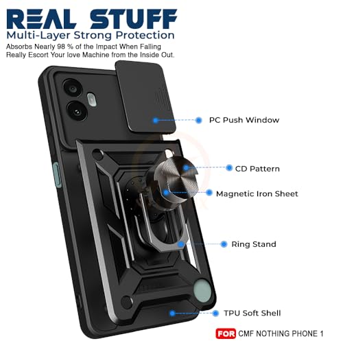 Image of Armor Bumper Back Cover Case for Nothing CMF Phone 1 Rotating Camera Cover, Ring Holder & Kickstand | Heavy Duty & 360 Degree Protection Nothing CMF Phone 1 Back Cover (Black)
