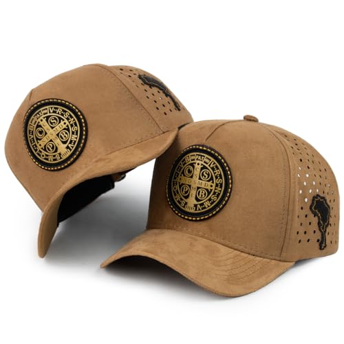 Boné Furadinho Medalha De São Bento Masculino Feminino Em Camurça Cor:Caramelo