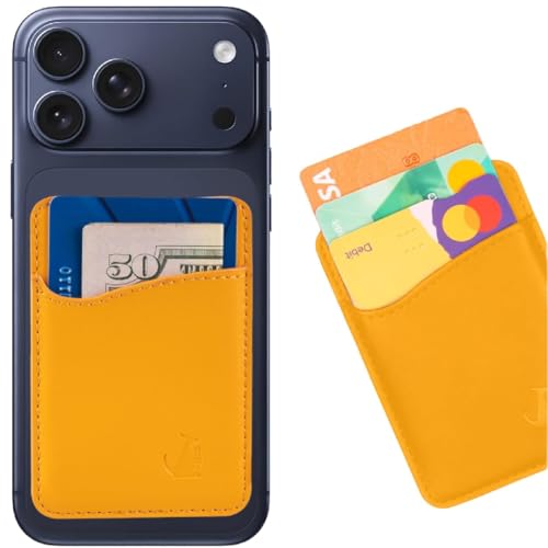 Wallaroo Wallets Premium Leather Phone Card Holder - Stick On for iPhone and Android Smartphones - Minimalist Style with Non-Slip Lining Secures Up to 3 Cards Kangaroo (Marigold Leather) by