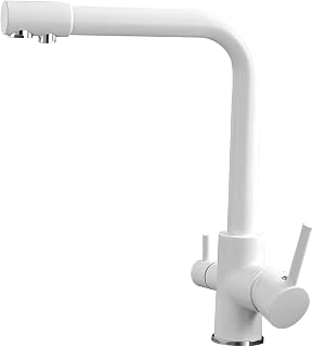 Grifo de cocina de 3 vías, giratorio 360°, grifo mezclador 3 en 1 para filtro de agua, grifo de agua potable de latón con 2 palancas para agua caliente y fría purificada (blanco)