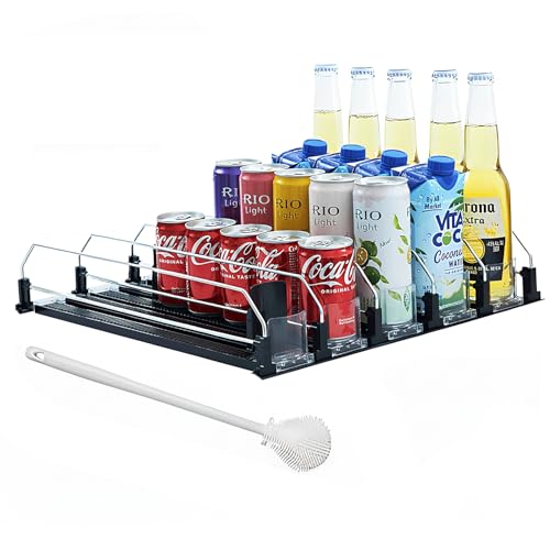 Drink Organizer For Fridge Large Capacity 5 Rows Soda Can Organizer Holds Upto 25 Cans, Automatic Pusher Glide with Removable Dividers For Drink Organizer, Can Dispenser For Fridge - Black by Kindrove - Used condition - US$15.96