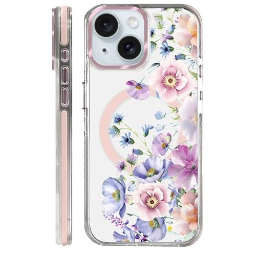 Coque iPhone 15 fleurie avec aimant MagSafe idée cadeau idéal protection antichoc