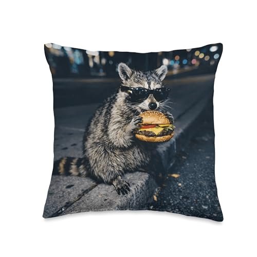 Raccoon Eating Burger Meme Trash Panda Fast Food Funny Kids Throw Pillow