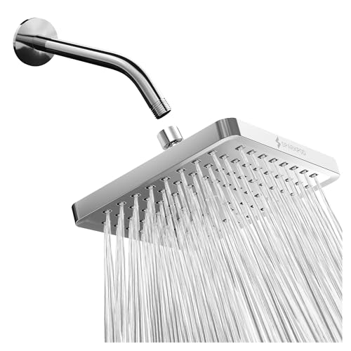 SparkPod Chrome 8" Square Shower Head with 9" Fixed Shower Arm - High Pressure Luxury Rain Shower Head with Stainless Steel Shower Arm