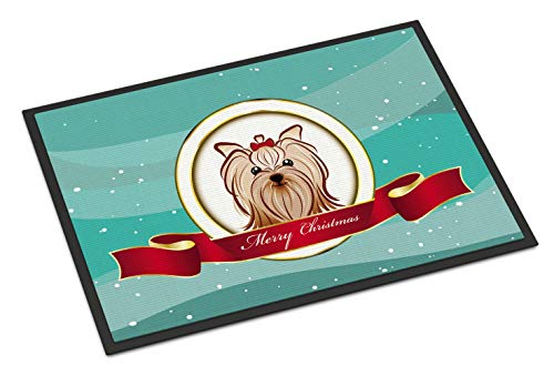 Caroline's Treasures BB1514MAT Yorkie Yorkishire Terrier Merry Christmas Doormat 18x27 Front Door Mat Indoor Outdoor Rugs for Entryway, Non Slip Washable Low Pile, 18H X 27W