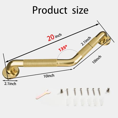 Bmoytu 20 Inch Bathroom Grab Bar, Angled Grab Bar with Anti-Slip Knurled Grip, Brushed Gold Stainless Steel Bath Balance Bar, Safety Hand Rail Support, Handicap Elderly Senior Assist Bath Handle