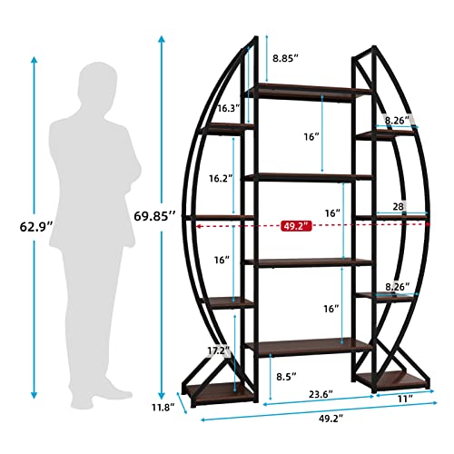 Moozerka 5 Tier Oval Bookshelf Industrial Tall Bookcase, Free Standing Bookshelves Storage For Books, Photos, Decorations, Farmhouse Wood And Metal Display Shelves For Living Room Bedroom Office #TOP2