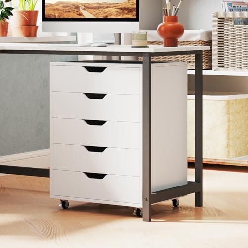 COSTWAY Mobile File Cabinet, 5/7 Drawers Lateral Stationery Storage Organiser Chest with Wheels, Home Office Printer Stand Side Filing Cupboard (White, 5 Drawers) - Image 6