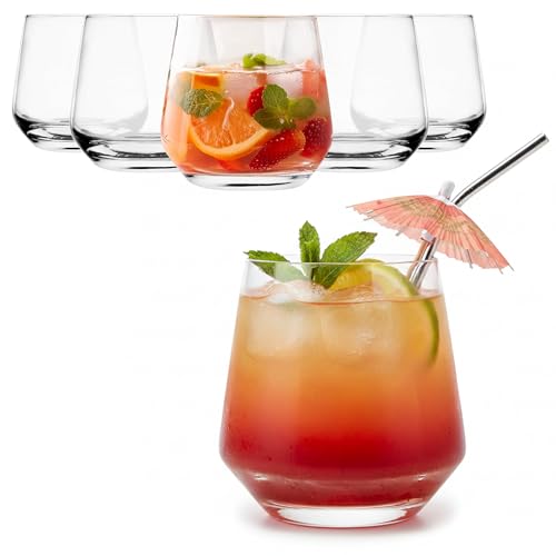 Oceano Set 6 Bicchieri in Vetro Trasparente 370ml Calici Senza Stelo per Acqua, Vino, Cocktail e Whisky Design Moderno a Base Larga Lavabili in Lavastoviglie
