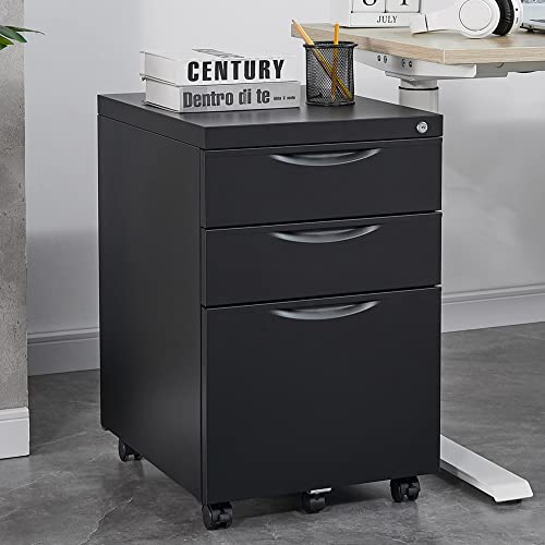 Rophefx 3 Drawer Under Desk Rolling Filing Cabinets With Lock Mobile File Cabinet With Wheels Metal Small Filing Storage Cabinet For Home Office, Black #TOP7