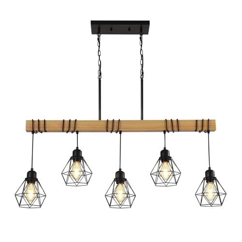 38" Farmhouse Kitchen Light Fixture, Black Hanging Kitchen Chandelier, 5-Light Rustic Dining Room Light Adjustable Height with Wood and Metal Frame, Suit for Farmhouse, Industrial Style by LmnLvn - Image 8