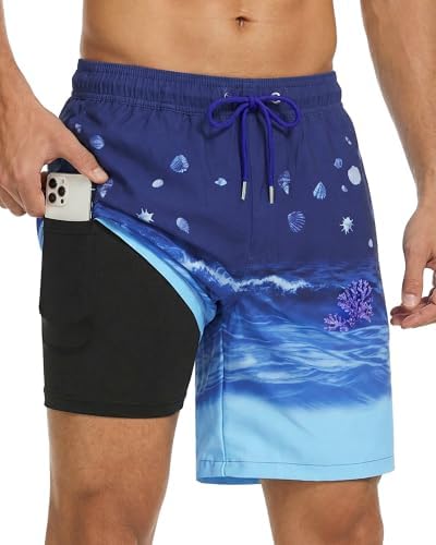 Image of Justay Mens Swim Trunks with Compression Liner 2 in 1 Quick Dry Board Shorts 7 Inch Bathing Suit Swimming Trunks for Men