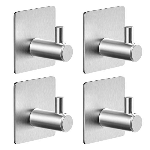 4-Pack Adhesive Hooks for Hanging, Heavy Duty Wall Hooks for Coats, Towel - Stainless Steel - Self Adhesive Utility Hooks Wall Mount for Bathroom Shower Home Door Kitchen, Brushed Nickel