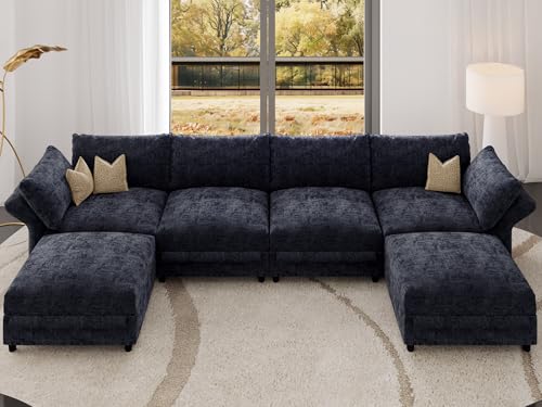 DreamDashio 159" Oversized Cloud Couch Sectional with Storage, Extra Wide Deep Modular Sectional Sofa for Living Room with Adjustable Arms, High Back, U Shaped, 6 Seater, Dark Grey Chenille