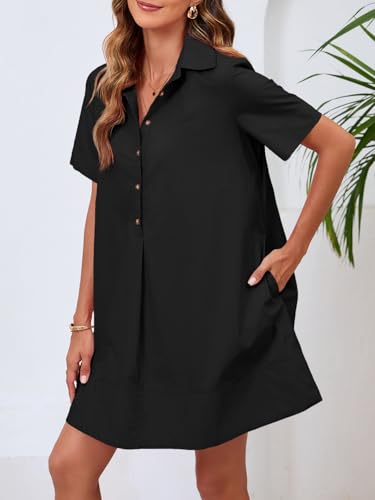 Wenrine Womens Button Down Shirt Dress Oversized Casual Short Sleeve Collared V Neck Summer Mini Dresses4
