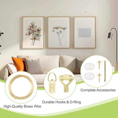 Image of Picture Hanging Kit - 3 Rolls 3M Picture Wire & 6 Hanging Hooks & 12 D-Rings with Nails Heavy Duty Picture Hangers for Wall Art, Exhibitions & Galleries(Gold)
